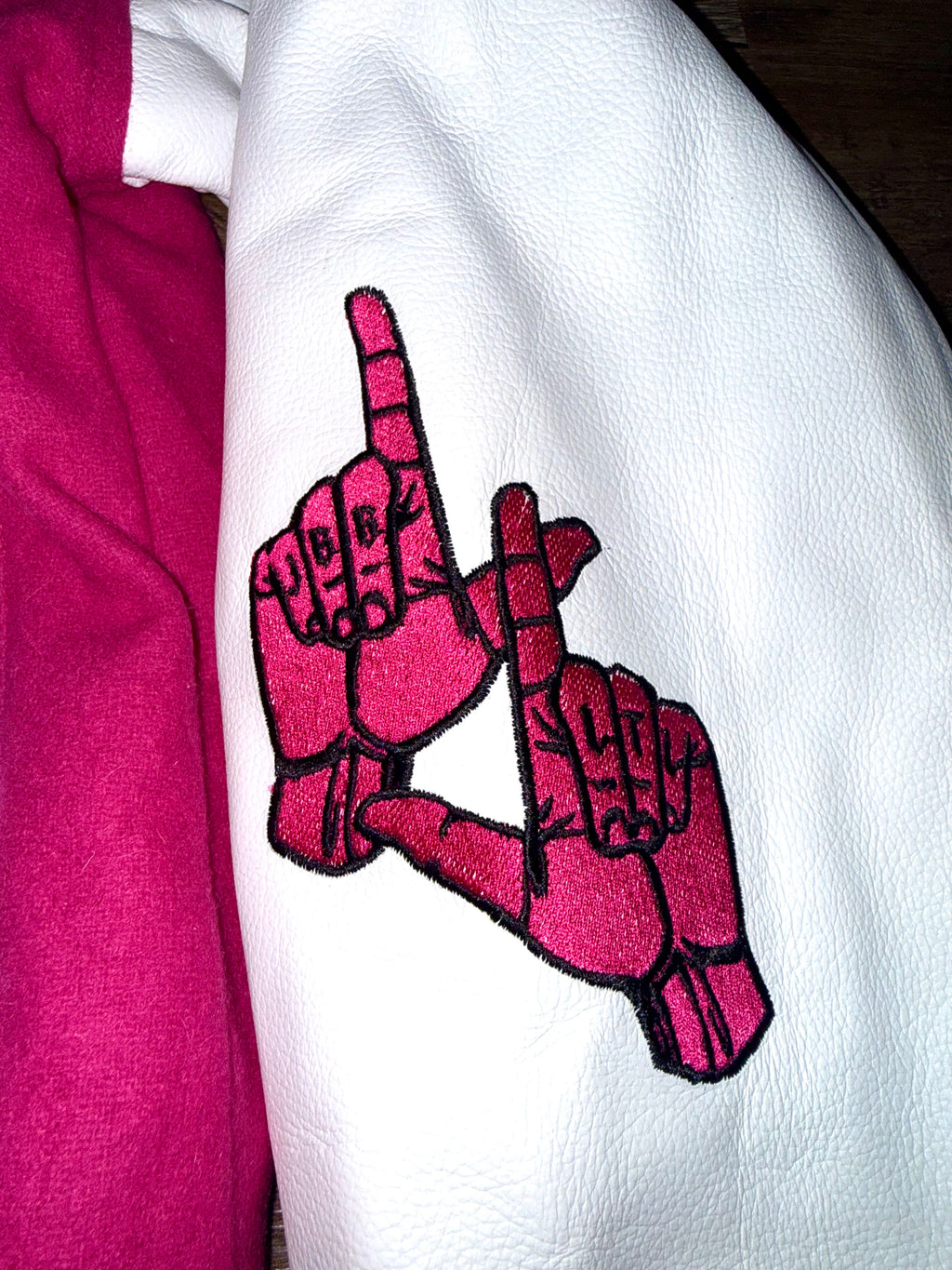 LARGER THAN LIFE VARSITY JACKET (PINK)